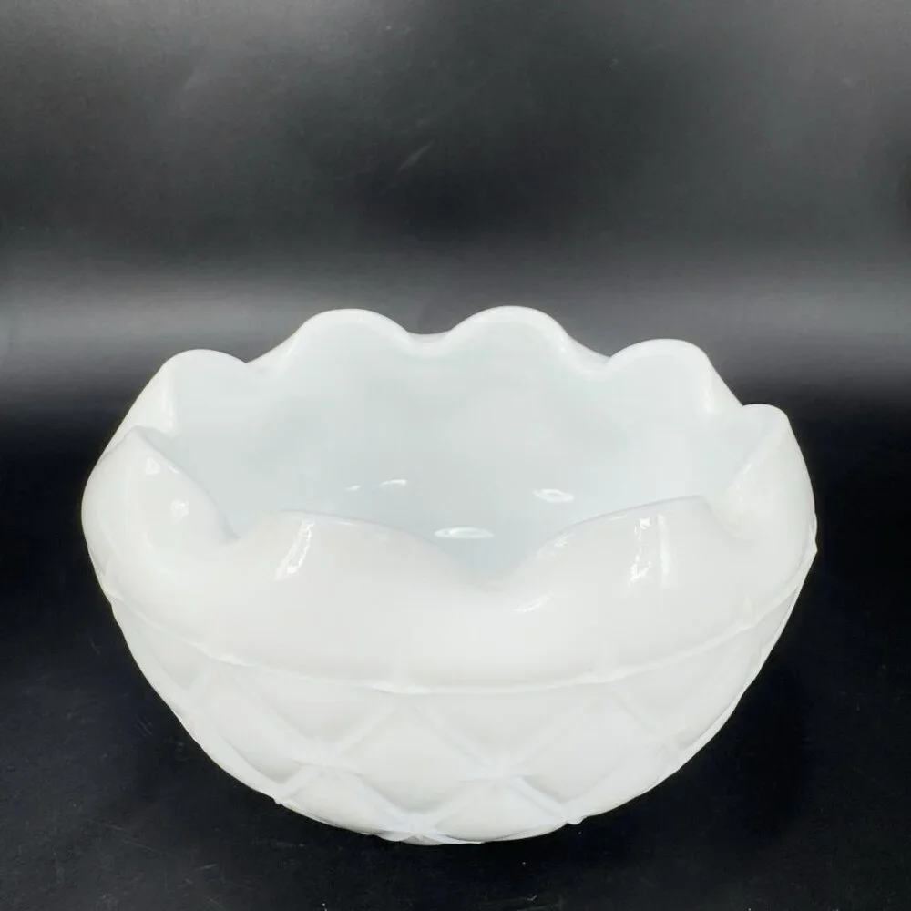 1970S Indiana Glass Milk Glass‎ Quilted Duette Crimped Edges White Dish Bowl VTG